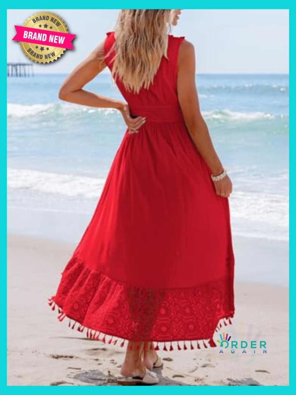 V Neck Sleeveless Lace Tassel Smocked Waist Maxi Dress Boho Beach Formal Long - Picture 3 of 4